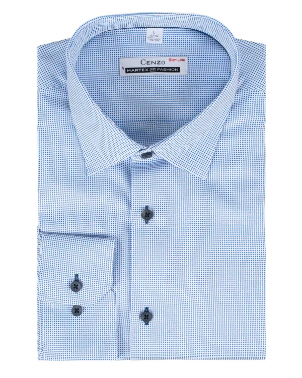 Koszula męska błękitna w drobny granatowy wzór Slim Fit - złożona, widok z przodu, Szafler