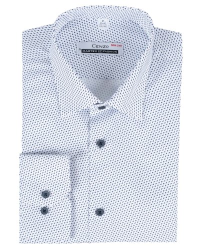 Koszula męska biała w granatowy wzór Slim Fit - złożona, widok z przodu, Szafler