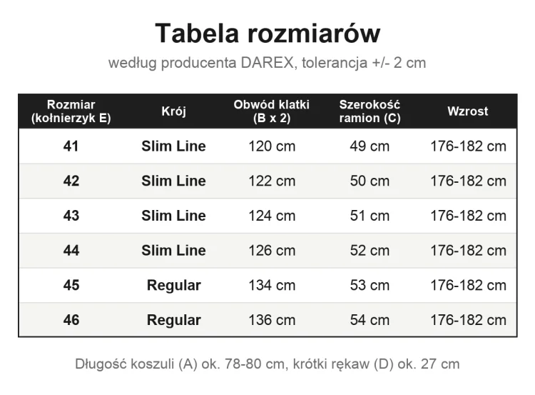 Tabela rozmiarów - koszula męska kremowa z krótkim rękawem DAREX, Szafler