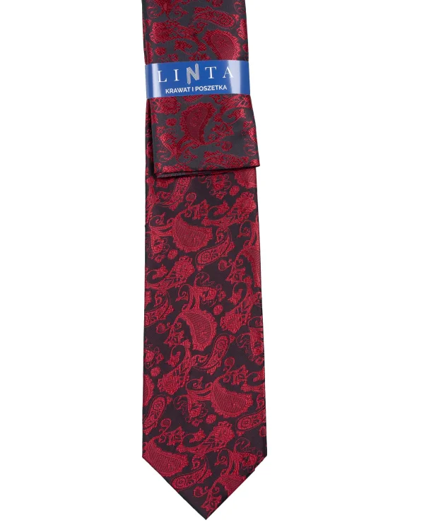Czerwony krawat paisley z poszetką 7 cm w opakowaniu