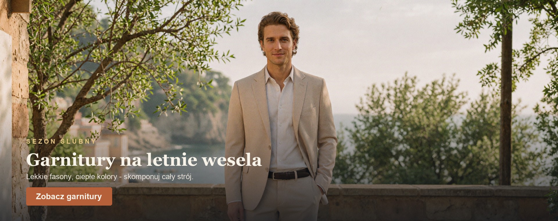 Garnitury męskie na letnie wesela - lekki beżowy garnitur, klimat śródziemnomorski - Szafler