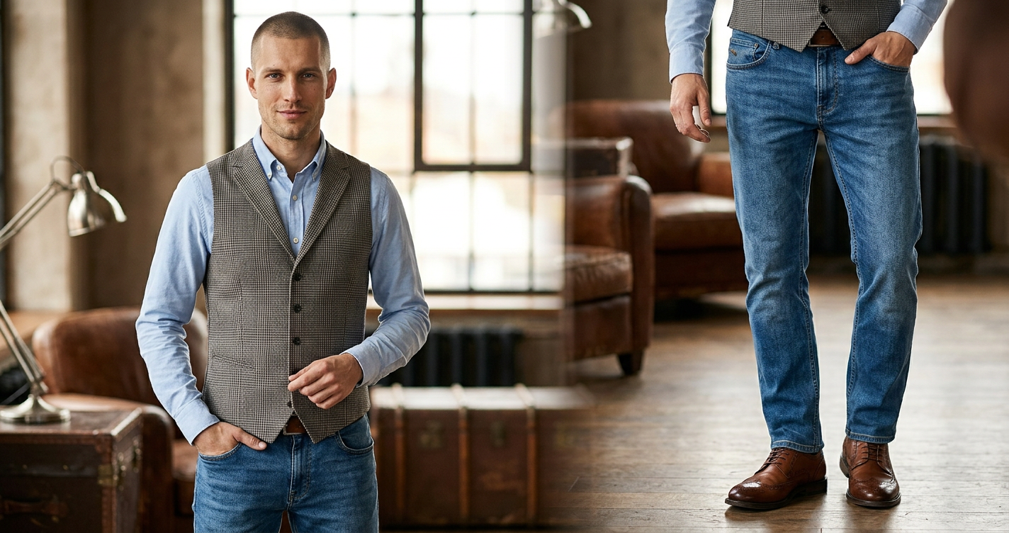 Stylizacja z kamizelką w kratę, jeansy i brogsy – casual elegancki