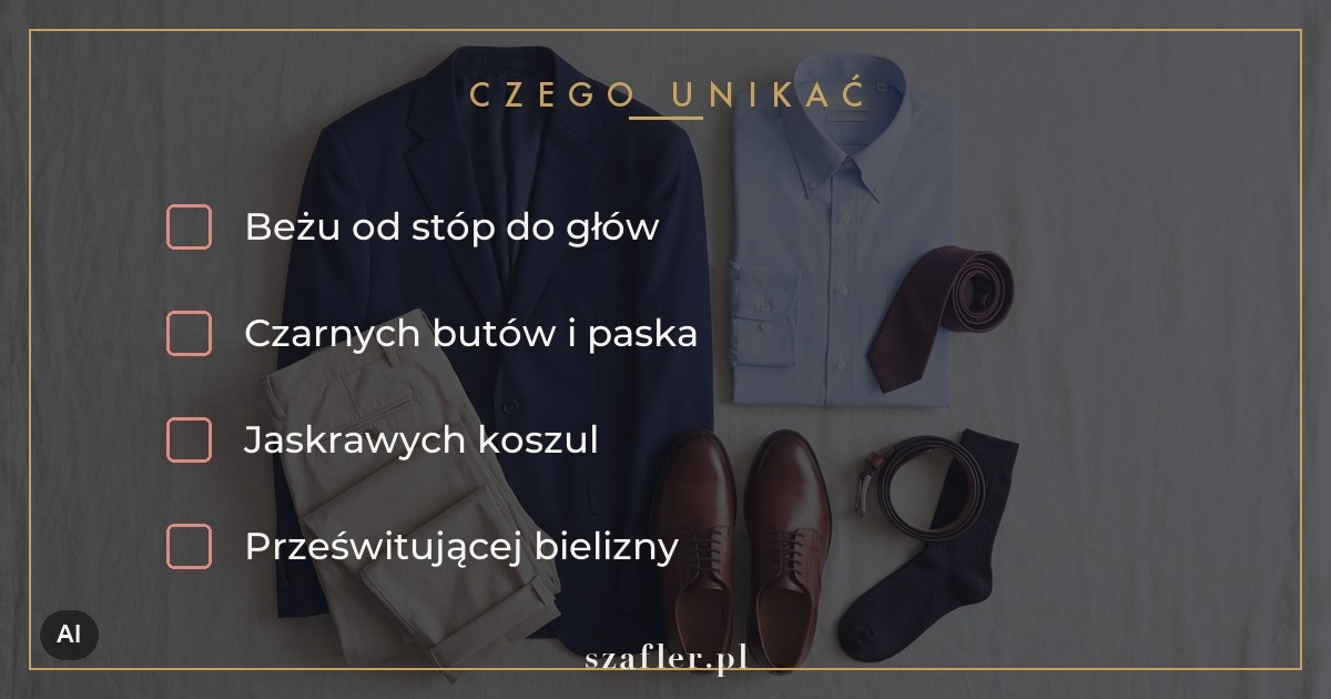 Czego unikać przy beżowych spodniach - beż od stóp do głów i czarne buty