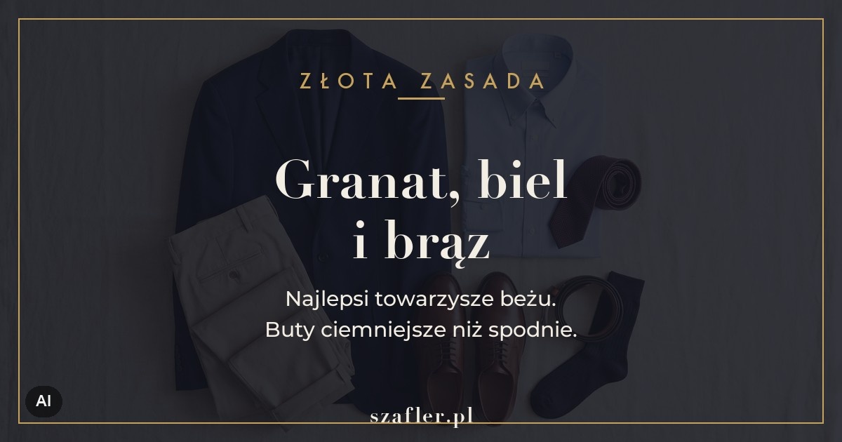 Zasada noszenia beżowych spodni - granat, biel i brąz