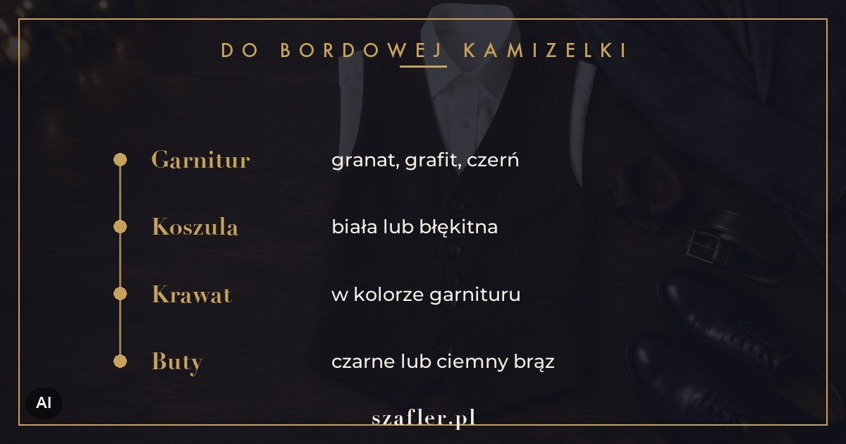 Z czym nosić bordową kamizelkę - garnitur, koszula, krawat i buty