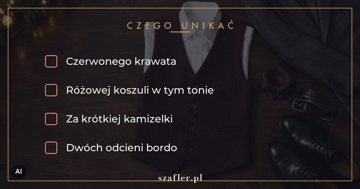 Czego unikać przy bordowej kamizelce - czerwony krawat, różowa koszula, za krótka kamizelka