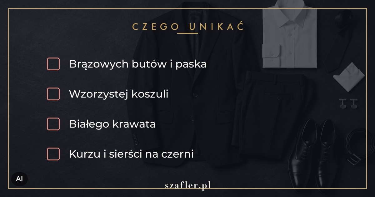 Czego unikać przy czarnym garniturze - brązowe buty, wzorzysta koszula, kurz na tkaninie