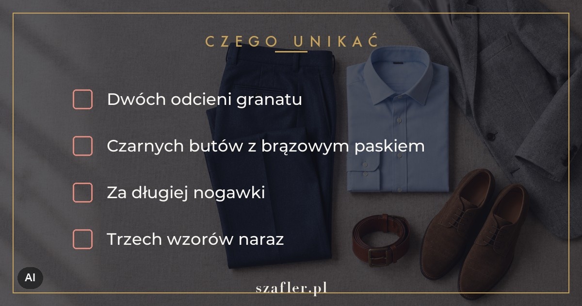 Czego unikać przy granatowych spodniach - dwa odcienie granatu, czarne buty z brązowym paskiem