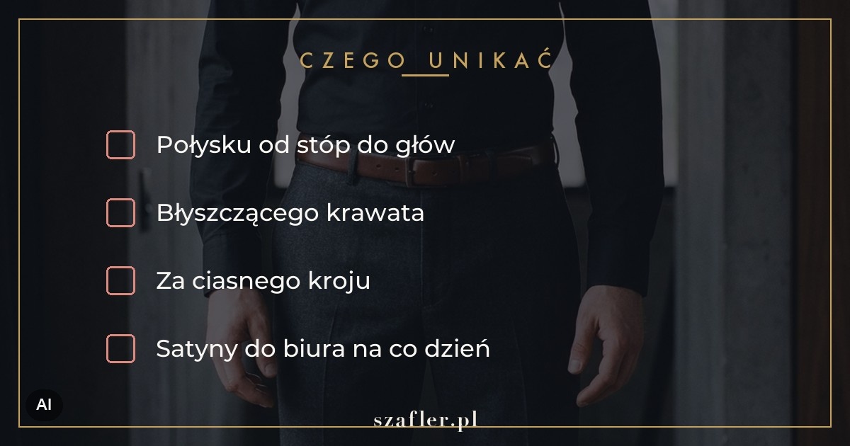 Czego unikać przy koszuli satynowej - połysk od stóp do głów i za ciasny krój