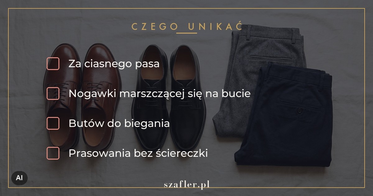 Czego unikać przy spodniach materiałowych - za ciasny pas i za długa nogawka