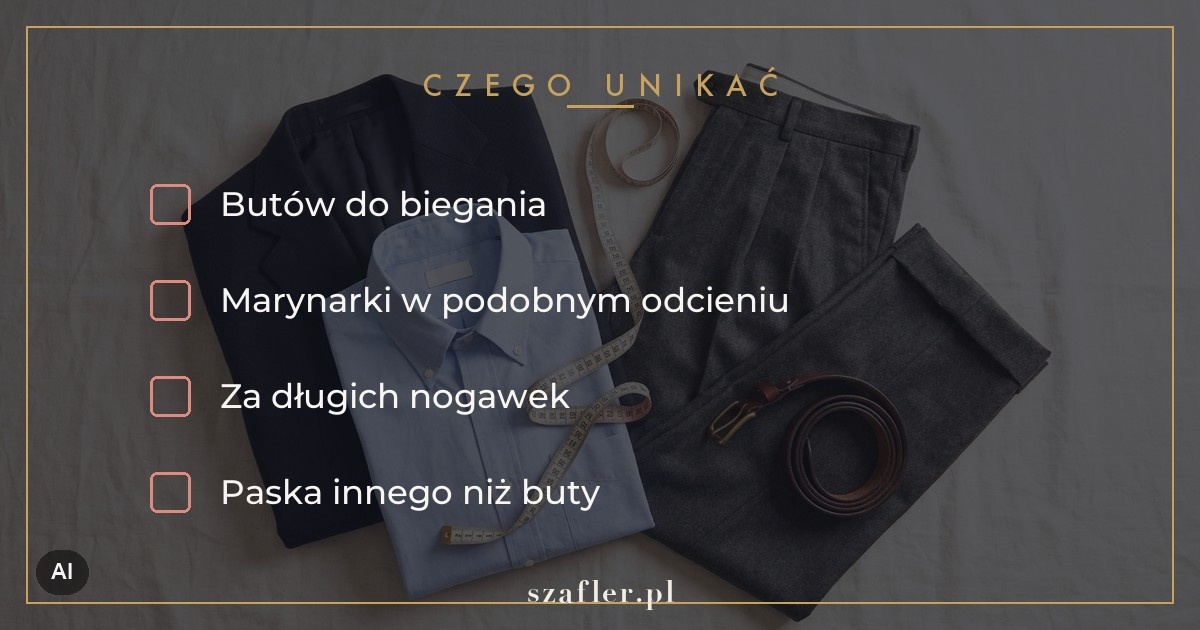 Czego unikać przy spodniach wizytowych - sportowe buty i marynarka w prawie tym samym kolorze