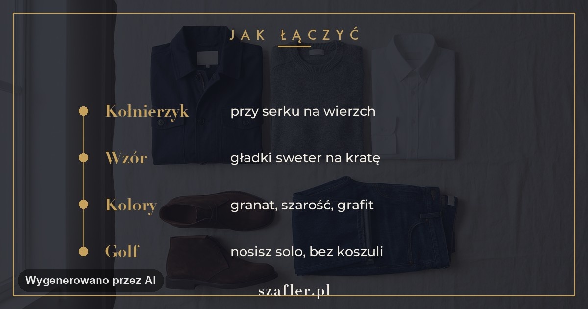 Kołnierzyk koszuli wypuszczony na sweter w serek