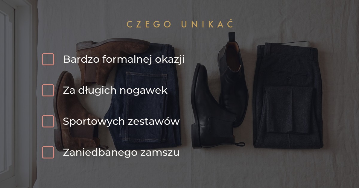 Czego unikać w sztybletach - bardzo formalna okazja i zła długość spodni