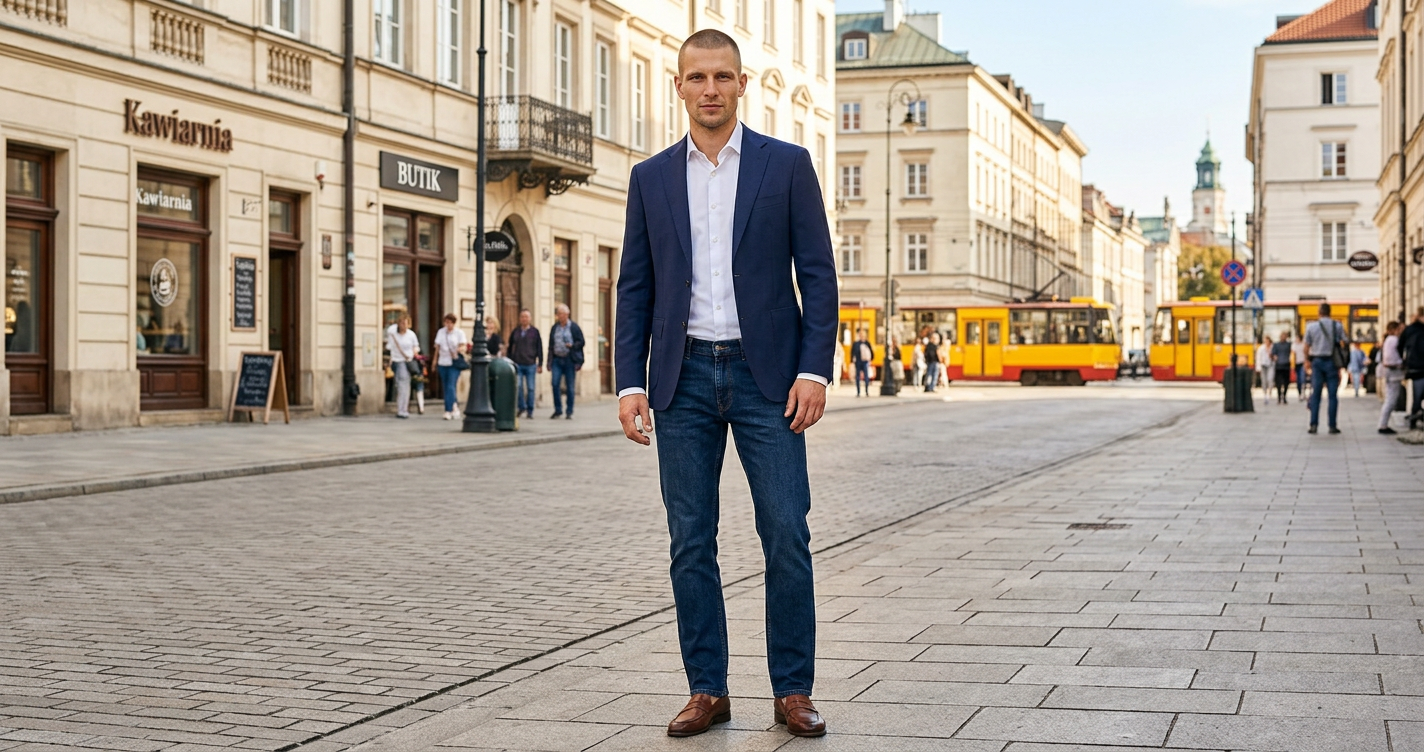 Mężczyzna w granatowej marynarce i ciemnych jeansach w stylu smart casual