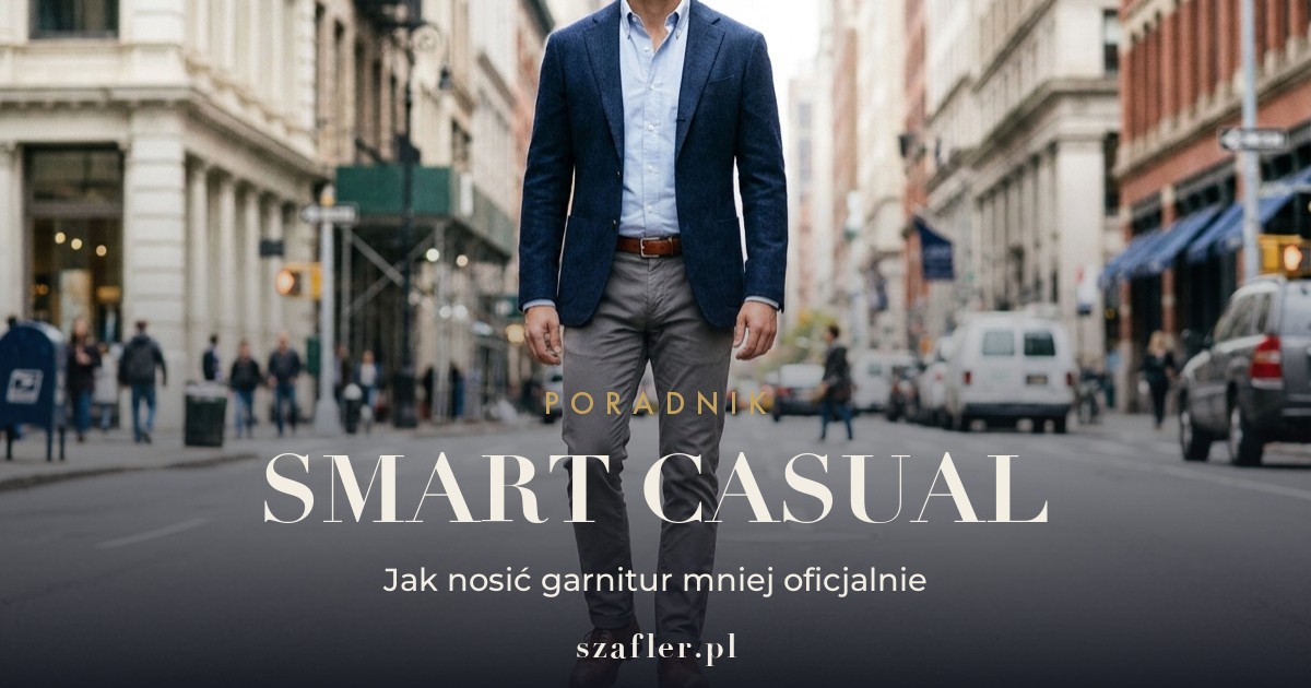 Mężczyzna w granatowej marynarce z fakturą, szarych chinosach i brązowych butach - stylizacja smart casual męska